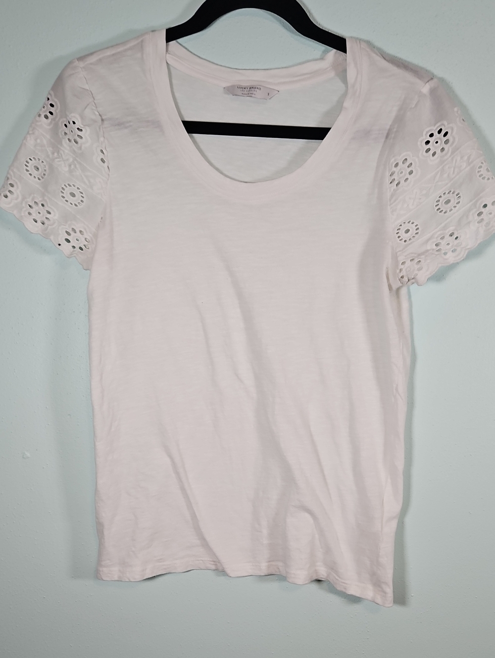 Lucky Brand White Scoop Neck Tee with Eyelet Short Sleeves